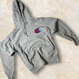 Champion Men Hoodie Medium Reverse Weave Vintage Y2K NASA Logo Gray Pullover V01